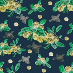 Lingonberry berries. Hand-drawn watercolor pattern. Bright beautiful print, textile, background. forest. Cotton, snowberry, spruce, pine, branches and cones. Seamless pattern Sketch, retro, vintage. F