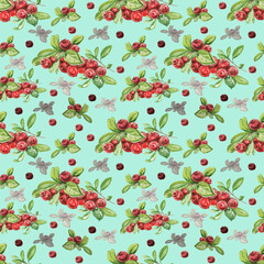 Lingonberry berries. Hand-drawn watercolor pattern. Bright beautiful print, textile, background. forest. Cotton, snowberry, spruce, pine, branches and cones. Seamless pattern Sketch, retro, vintage. F