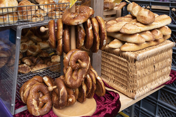 pretzel is baked pastry in a market in Bern, Switzerland