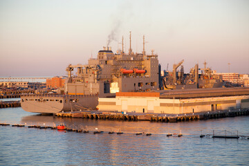 Fototapeta premium Norfolk Military Base Navy Ship At Dusk