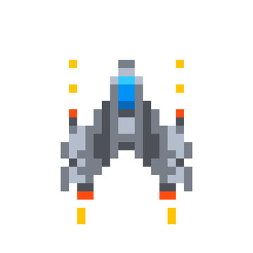 Cute little spaceship, game hero in pixel art style on white