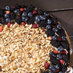 Hummingbird cake, fresh berries, blueberries, blackberries, nuts. Cake with berries