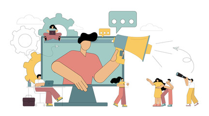 Big megaphone and flat people concept. A man with a loudspeaker looks out of the monitor and notifies the public, talks to the crowd. Marketing and Business Communication. Vector illustration.