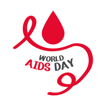 world aids day, curly red ribbon and blood drop card