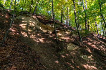 Hike at the golden hour to the famous Heidenhoehlen near Stockach on Lake Constance