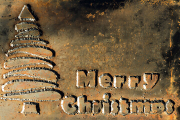 Christmas background made of metal letters and a Christmas tree welded to a rusty sheet of metal. Merry christmas hard. Copy space, space for text. - obrazy, fototapety, plakaty