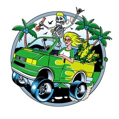 Skeleton with Jamb and Blondie Girl driving Van with Cannabis Bushes. Poster or T-shirt Designs. Vector Illustration. - 387455727