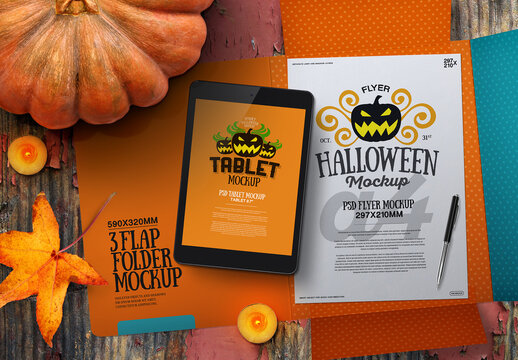 Halloween Autumn Stationery Tablet & 3 Flap Folder Mockup
