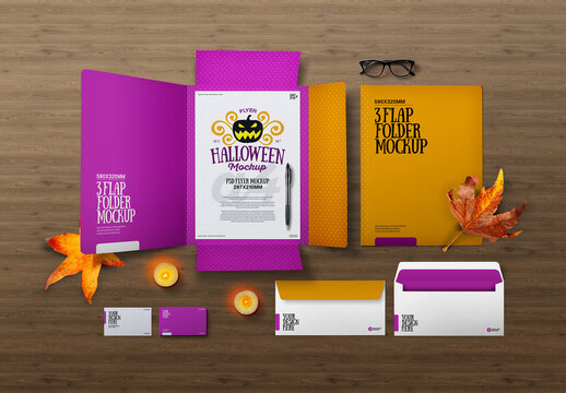 Halloween Autumn Stationery & 3 Flap Folder Mockup