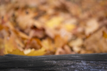  Wooden surface on autumn background. Halloween, thanksgiving