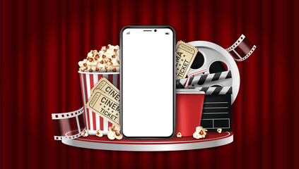 Watch movies online Through a mobile phone. Soft drinks with popcorn and film-strip cinematography concept. Eps10 realistic vector illustration.