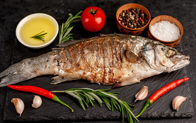 grilled sea bass fish with spices on a stone background