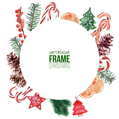 Watercolor frame with various festive attributes of new Year holidays and Christmas. Decorations, plants and sweets