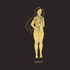 Obraz na płótnie Canvas Cancer horoscope symbol. Girl holding crayfish zodiac sign. Astrological element in flat style isolated on black background. Vintage vector illustration with golden gradient.