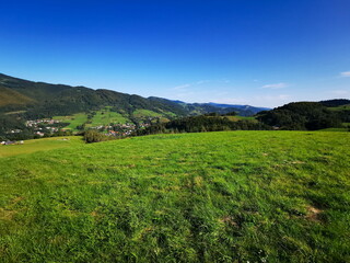 Obraz premium View of the green meadow against the blue sky. Beskidy Mountains Poland.