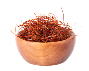 Fototapeta premium Red chili pepper threads in wooden bowl, isolated on white background. Close-up.