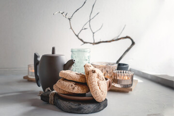 Keto Chocolate Cookies with almond and coconut flour. Atkins, ketogenic. Traditional chocolate chip cookies on rustic wooden table. Copy space