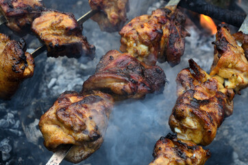Chicken skewers on coals in the grill .
