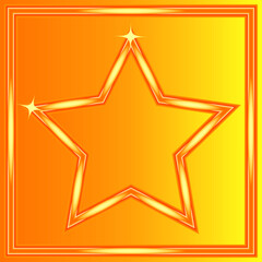 Obraz premium Gold background, sparkling volumetric star, gold volumetric frame, glitter, glare, yellow color, 3d effect. Vector graphics.