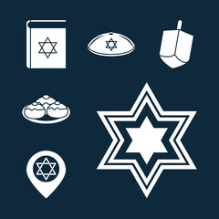 hanukkah, jewish traditional ceremony silhouette icons set