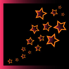 Black dark background with a purple lilac frame and a firework of volumetric purple stars with a gold volumetric border, 3D effect. Vector graphics.