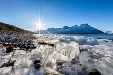 Winter landscape with with ice on the coast