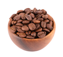 Coffee beans in wooden bowl isolated on white background. Roasted arabica coffee beans.