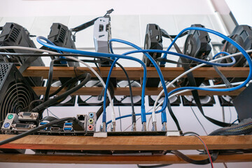 Cloud computing. Network cables connected to network server, close-up