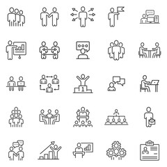 Business communication contour icon set in flat style. Team structure line vector illustration on white isolated background. Office teamwork linear stroke business concept.
