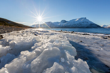 Winter landscape with with ice on the coast