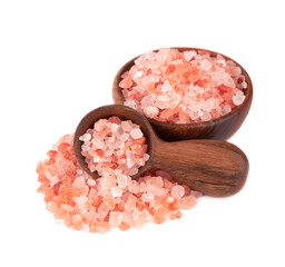 Fototapeta na wymiar Himalayan pink salt in wooden bowl and spoon, isolated on white background. Himalayan pink salt in crystals.