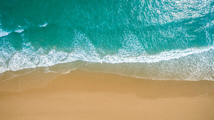 Top view aerial image from drone of an stunning beautiful sea landscape beach with turquoise water with copy space for your text. Beautiful Sand beach with turquoise water, aerial UAV drone shot