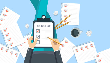To do list concept. Office work desk with equipment and bunch of papers with red marks. Flat vector illustration