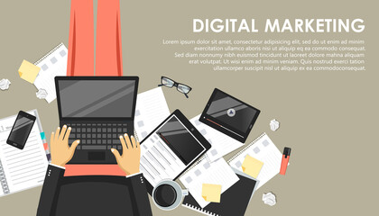 Digital marketing concept. Man sitting on the floor and holding lap top in his lap and working. Flat vector illustration.