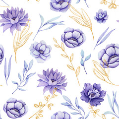 Seamless Pattern of Watercolor Flowers and Golden Leaves
