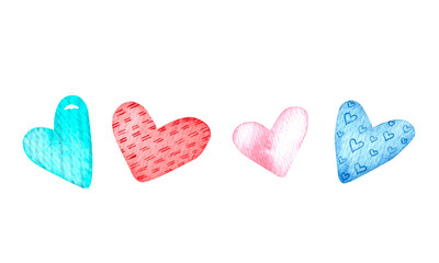 Set of watercolor hearts on a white background. Watercolor hearts for decorating postcards, scrapbooking, fabrics, banners, holidays. Valentine's day.