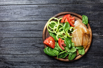 Spinach, pepper, dried tuna and tomato, copy space