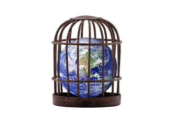 Planet Earth trapped in old rusty cage isolated on white. Lockdown concept. Earth photo provided by Nasa.