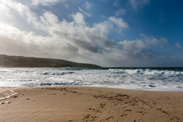 Rough seas on Porthmeor Beach, St. Ives, Cornwall, UK