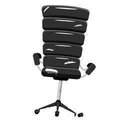 Old, damaged, large black office chair. Design of broken upholstered furniture.