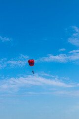 Parachutist is flying in the sky, sunny contrast image.