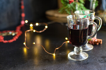 mulled wine christmas party background new year gift festive table setting holidays party new year tasty serving size portion top view copy space food background rustic