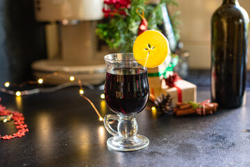 mulled wine christmas party background new year gift festive table setting holidays party new year tasty serving size portion top view copy space food background rustic