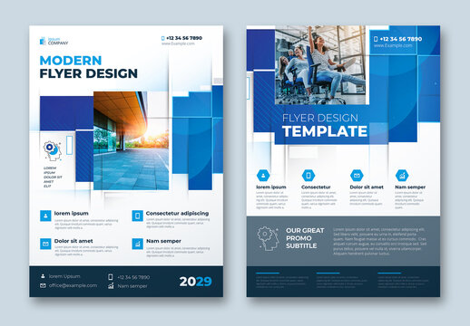 Corporate Flyer Layout with Dynamic Elements and Blue Accents