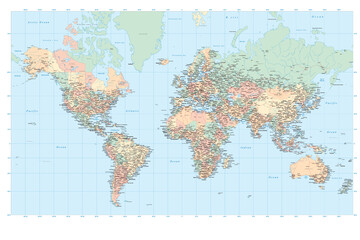 Colored World Map - borders, countries and cities - illustration Image contains next layers land contours - country and land names - city names -water object names