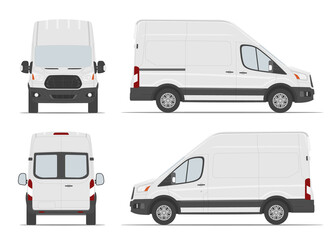 High roof cargo van white color. Side, front, back view. Vector illustration.