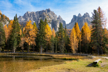 Scenic trail runs around a tranquil lake in the autumn colored Italian Alps.