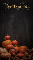 Thanksgiving Greetings. Pumpkins and dry leaves on a dark wooden background.