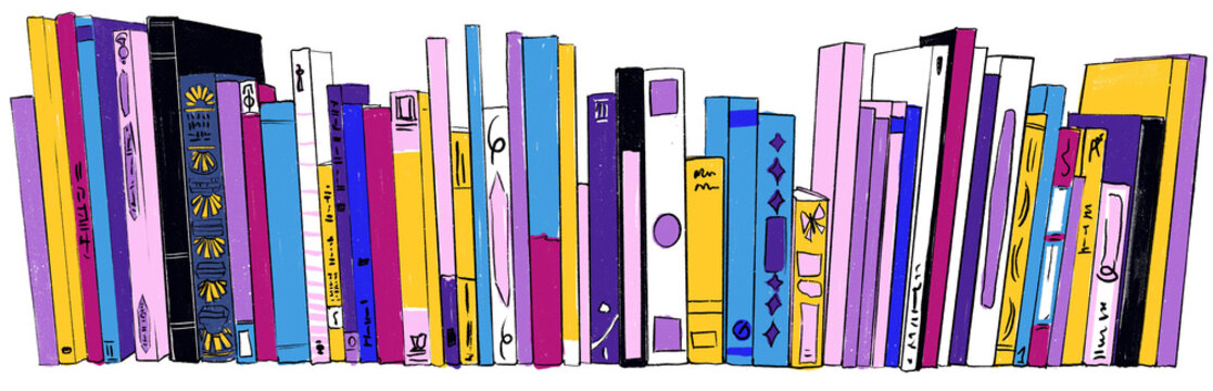 Stack of Books on bookshelves colorful illustration Hand drawn sketch isolate doodle style on white background