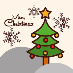 happy merry christmas, greeting card tree with snowflakes decoration line fill icon